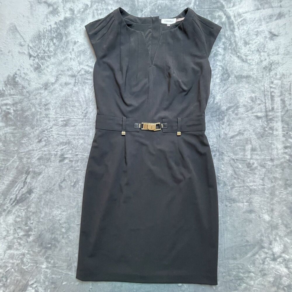 Calvin Klein Dress Womens 6 Black Fitted Pleated Gold Attached Belt Career LBD‎